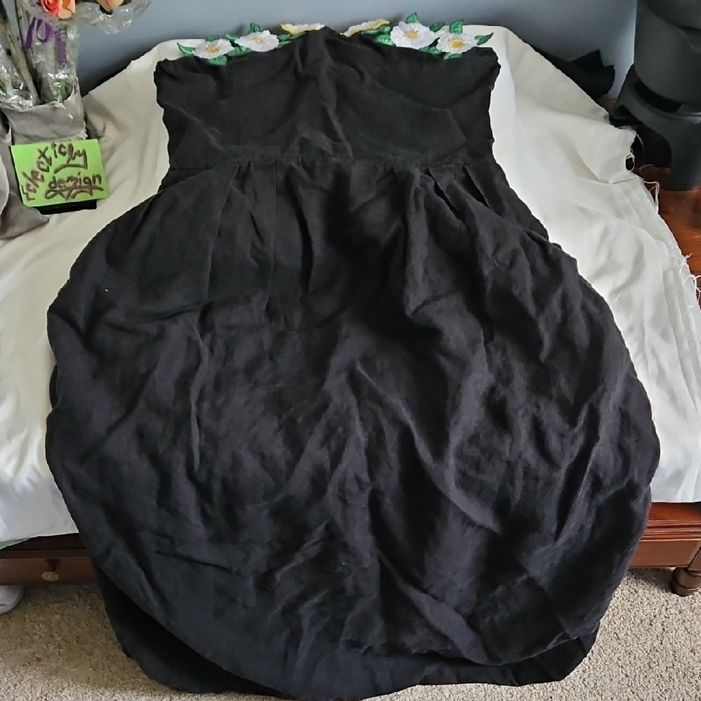 Fanm Mon Black Strapless Dress with Floral Accents